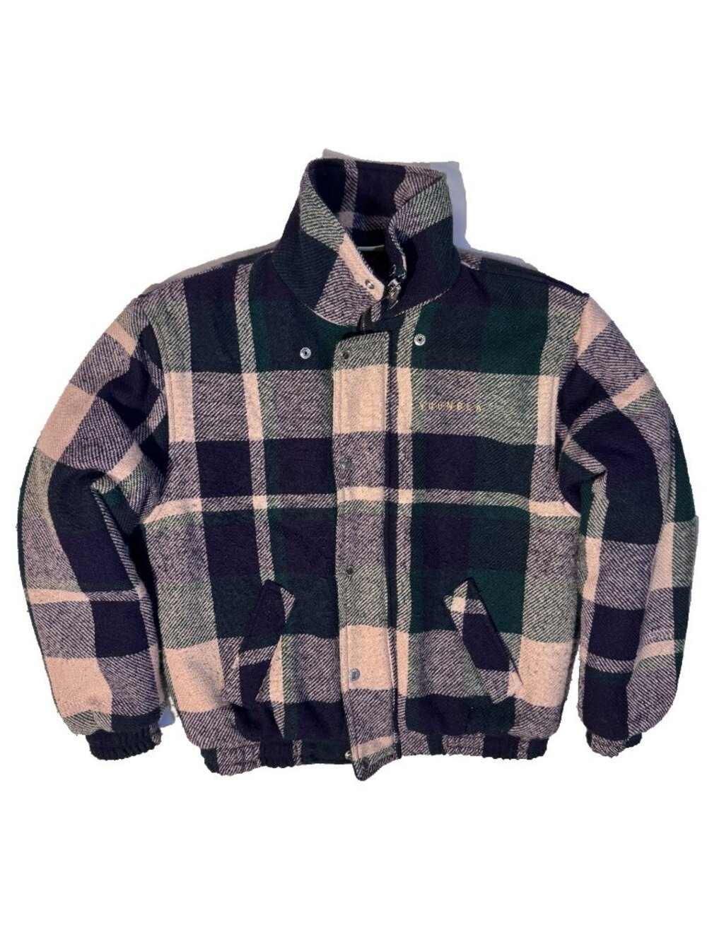 YoungLA Jacket Mens Medium Green Plaid Flannel Quilted Bomber Zip Pockets 563